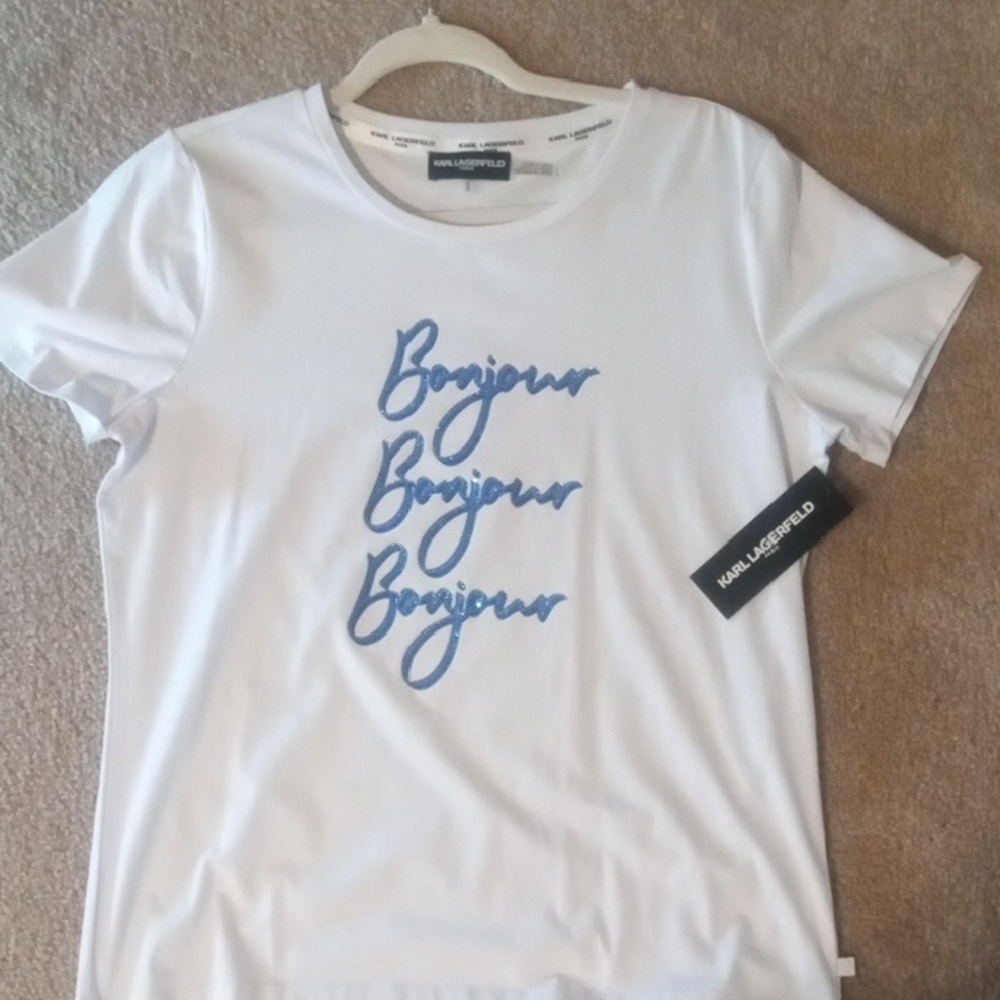 Karl Lagerfeld White T-Shirt with Blue Bonjour Print